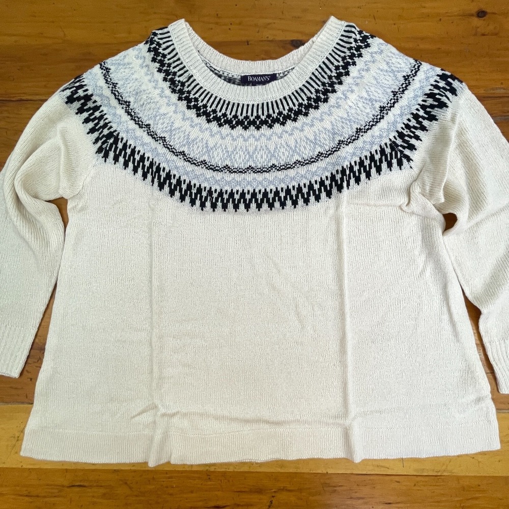 NEW Roamans Womens Sweater Top Ivory Nordic Boat Neck Pullover Plus Size 18/20 L